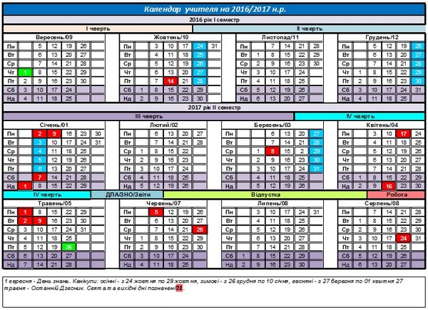Календар учителя на 2016-2017 навчальний рік